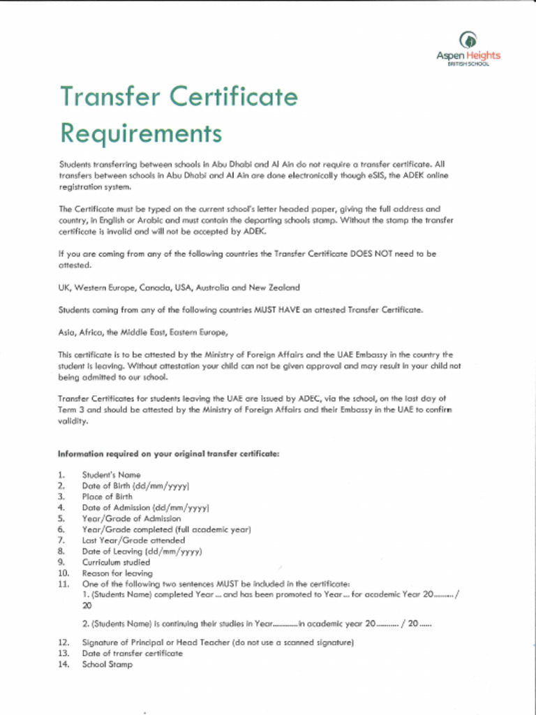 Transfer Certificate Requirements | PDF
