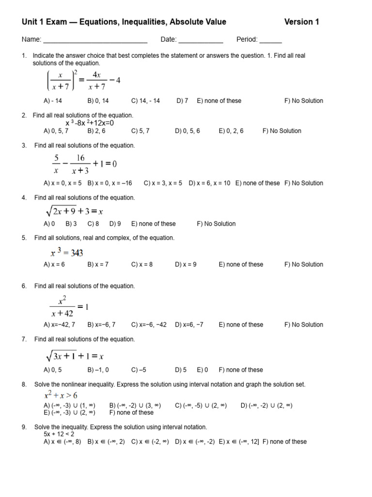 Algebra 3 Unit 1 Exam - Version 1 | PDF | Equations | Chess Openings