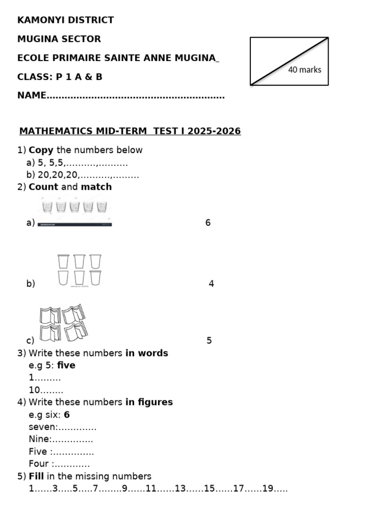 Mathematics Test For p1 2025-2026 | PDF