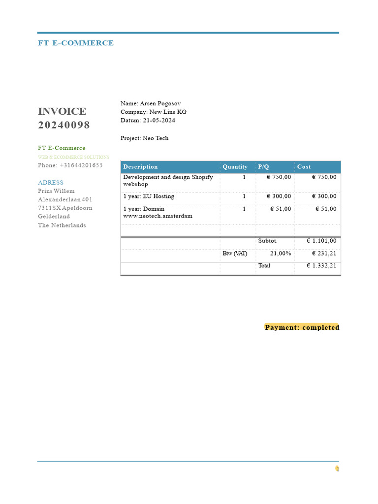 INVOICE Neotech - Amsterdam | PDF
