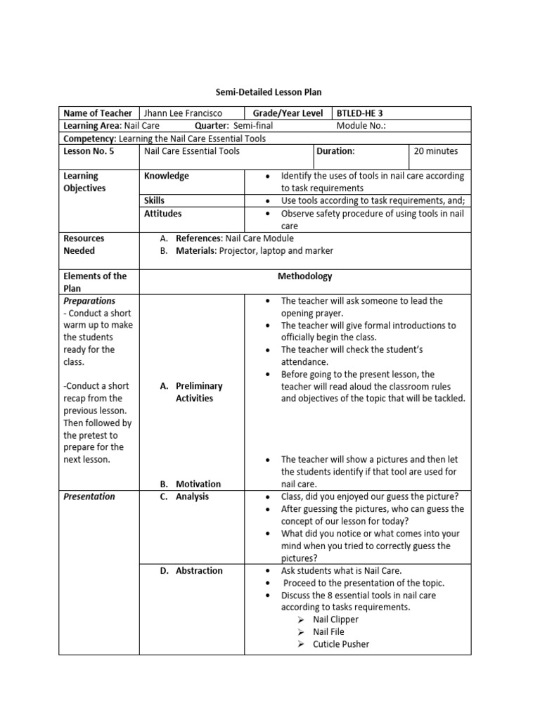 Lesson Plan Nail Care | PDF | Nail (Anatomy) | Lesson Plan