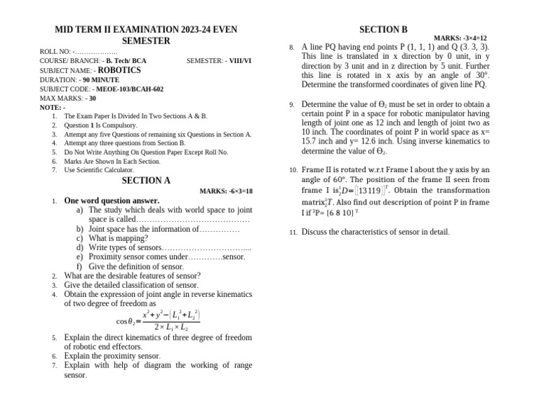 RK Meoe 103 Robotics CS& Bca Viii Sem | PDF | Kinematics | Geometry