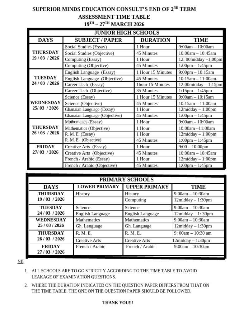End of 2nd Term 2026 Time Table-1 | PDF