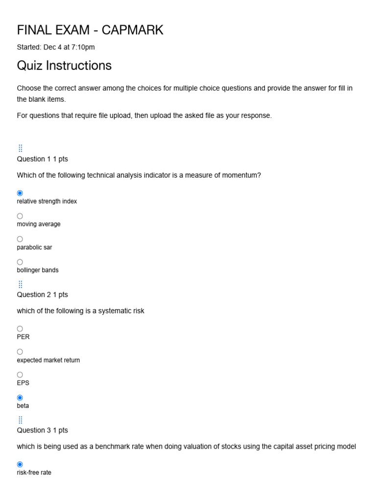 Quiz Final Exam Capmark | PDF | Valuation (Finance) | Beta (Finance)