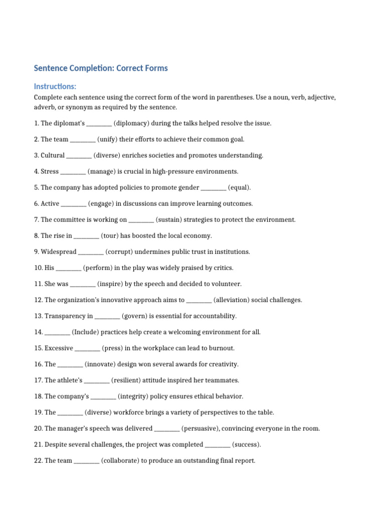 Sentence Completion Correct Forms | PDF