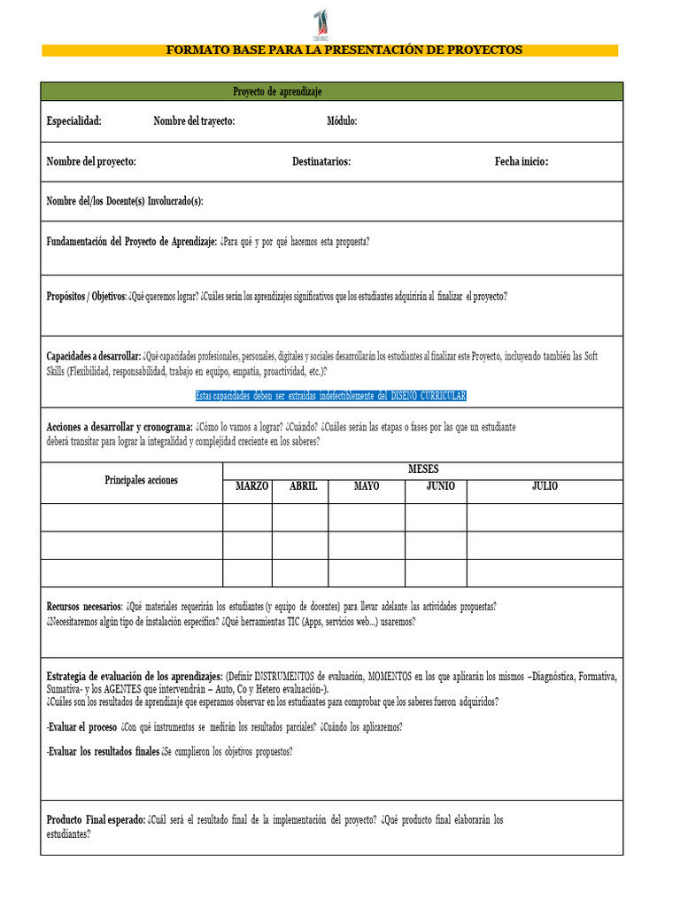 Formato Base para La Presentación de Proyectos | PDF | Aprendizaje