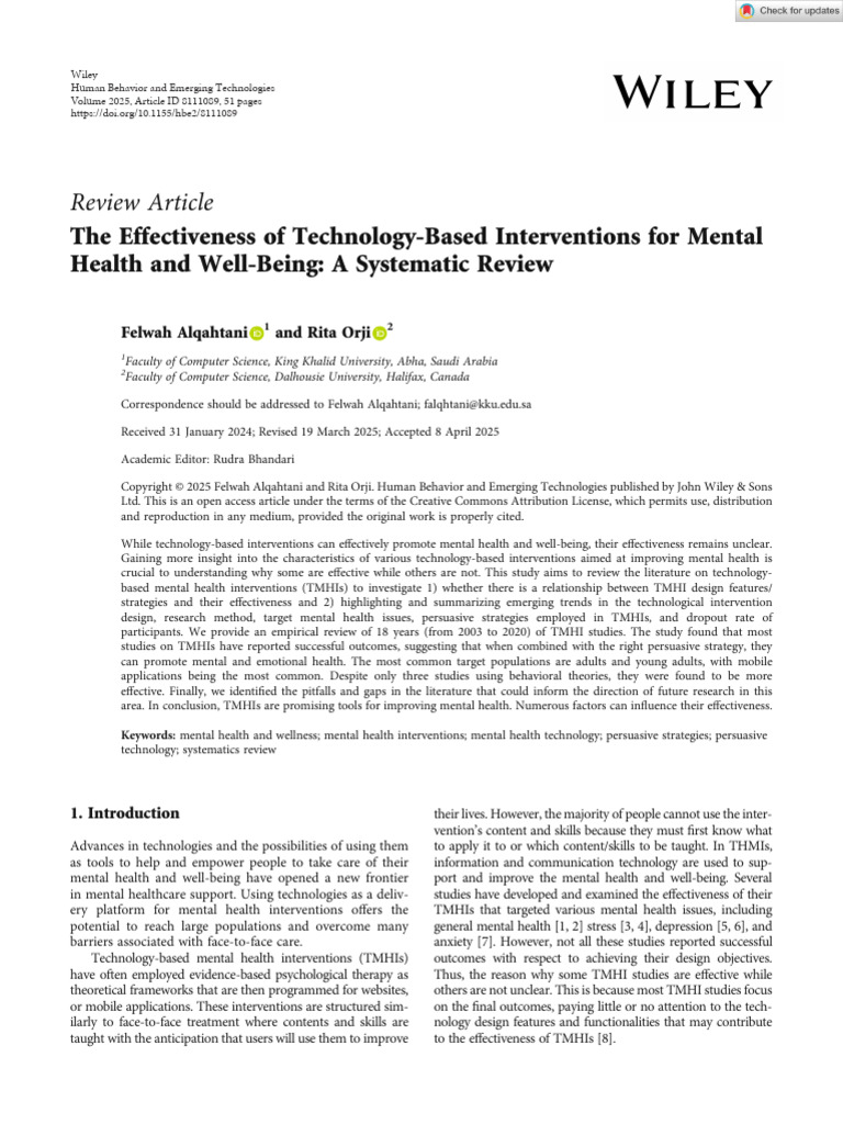 The Use and Impact of Digital Interventions On Mental Health and ...