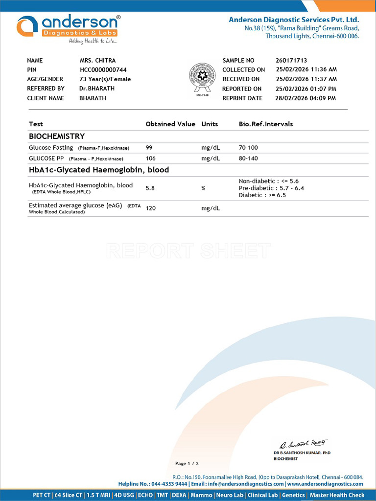 Biochemistry: Test Obtained Value Units Bio - Ref.Intervals | PDF