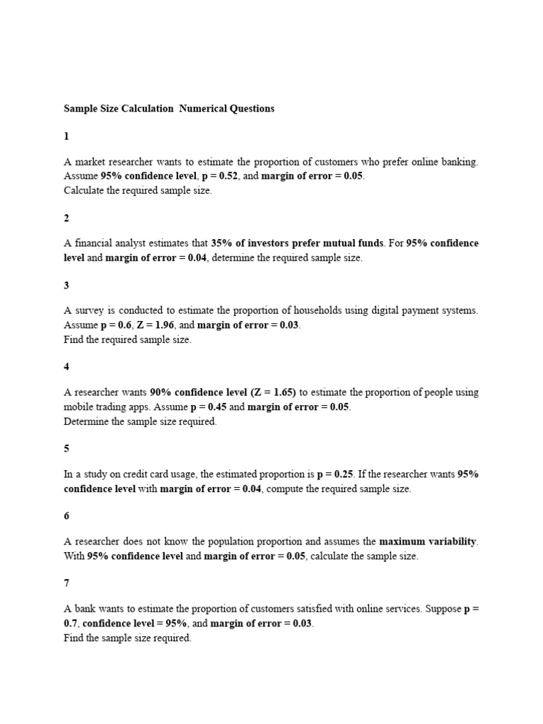 Sample Size Calculation Numerical Questions | PDF