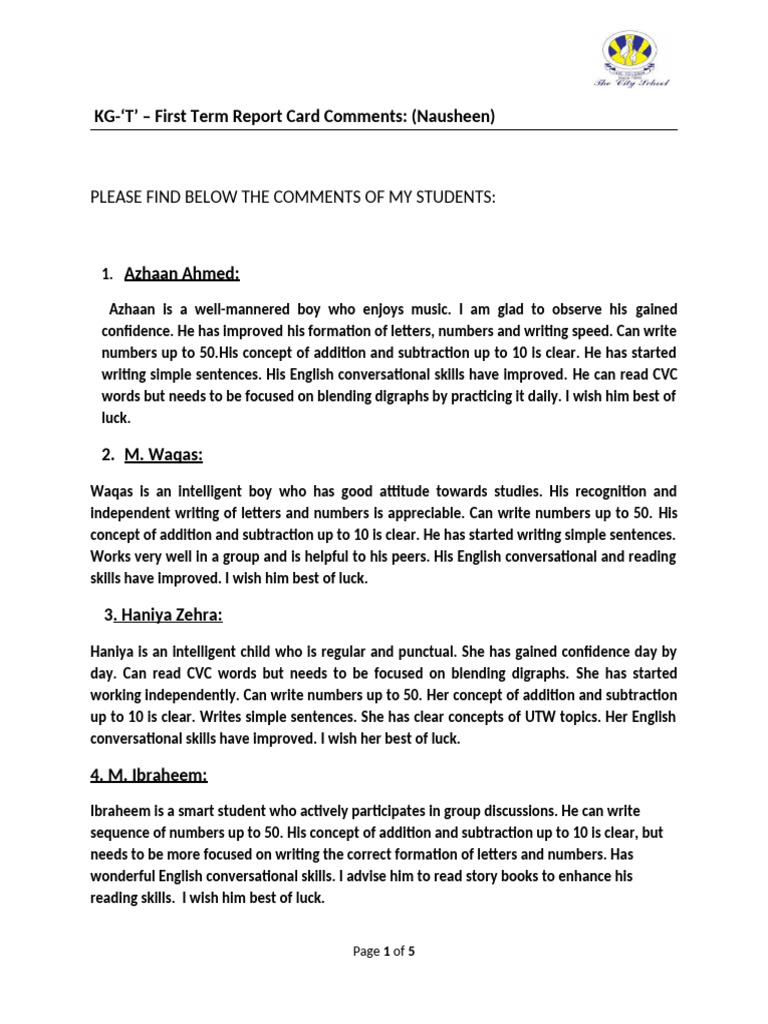 KG-T - First Term Report Card Comments 2023 | PDF | Vocabulary | Learning