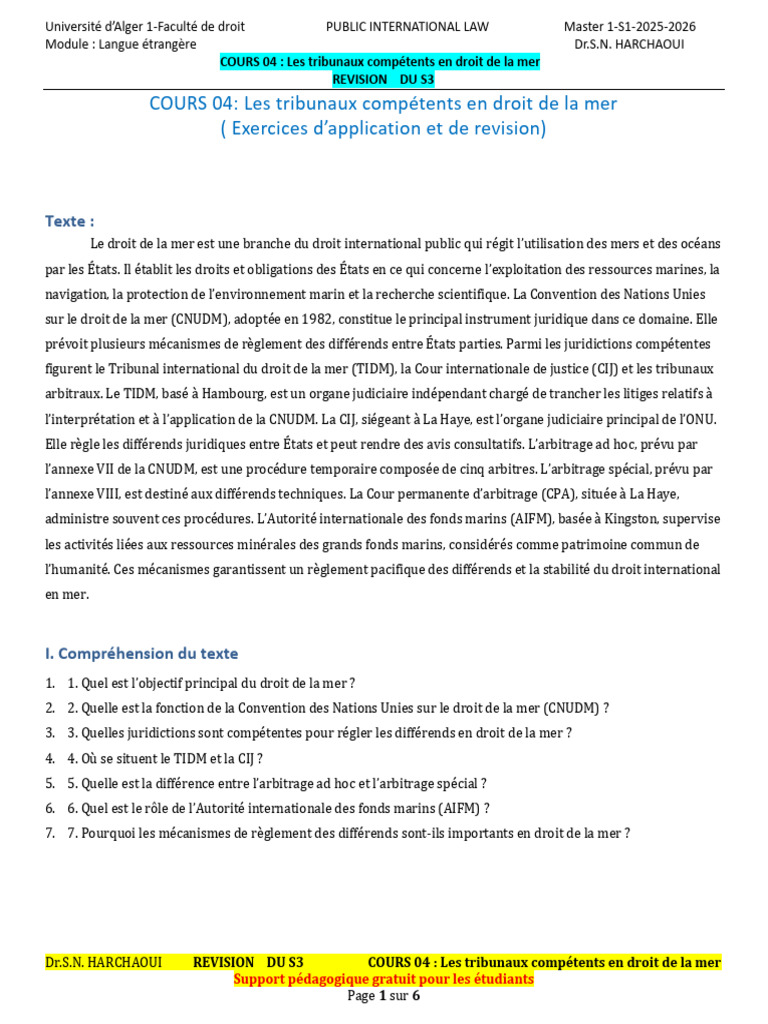 ETUDIANTS Revision Cours 04 Tribunaux Droit Mer | PDF | Arbitrage ...