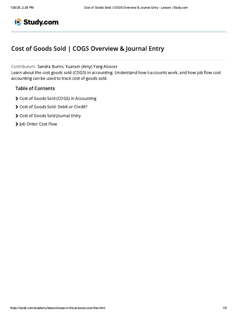 002 Cost of Goods Sold - COGS Overview & Journal Entry - Lesson - Study ...