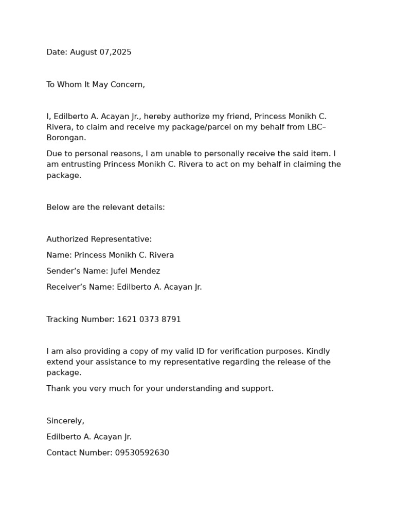 Authorization Letter | PDF