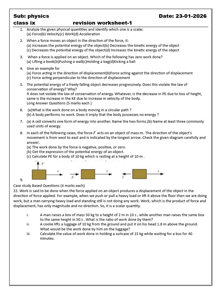 CLASS IX Worksheet 1 PDF | PDF | Force | Potential Energy