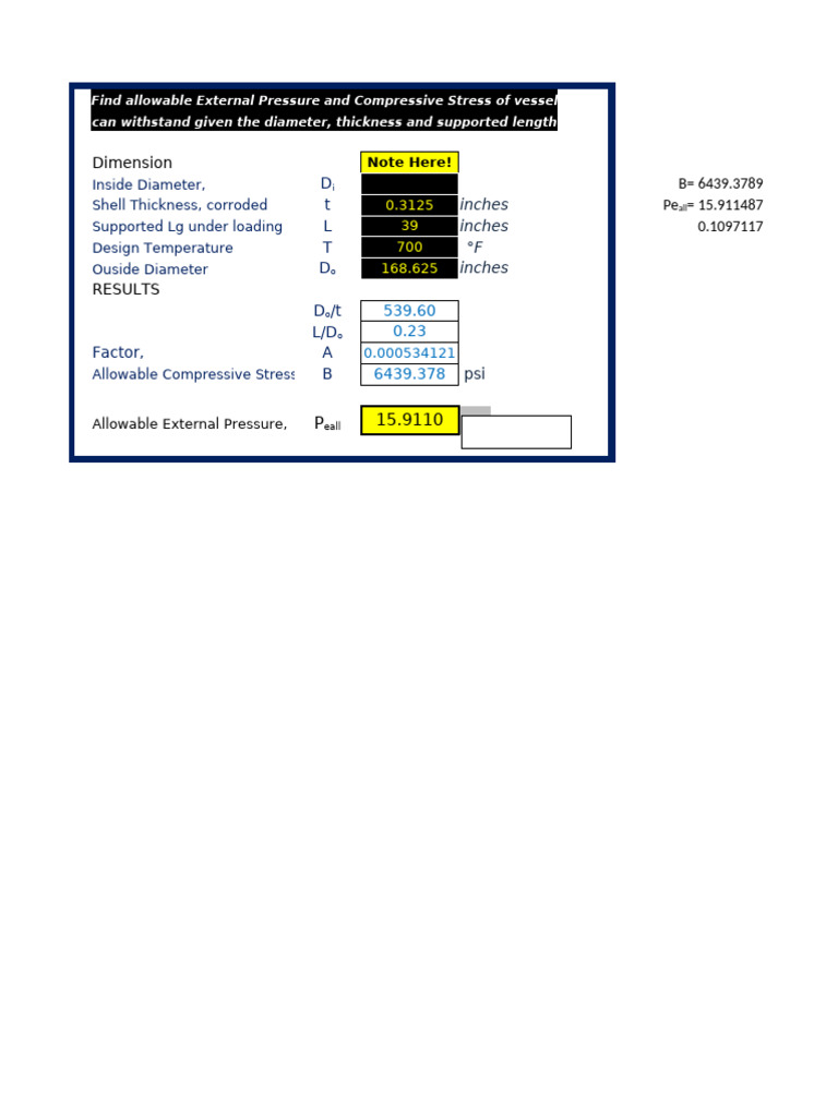 Calculator - Cylinder External Pressure - UG-28 (EXCEL) | PDF | Stress ...