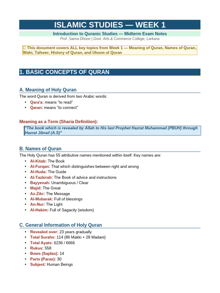 Islamic Studies Week1 Notes | PDF | Quran | Islam