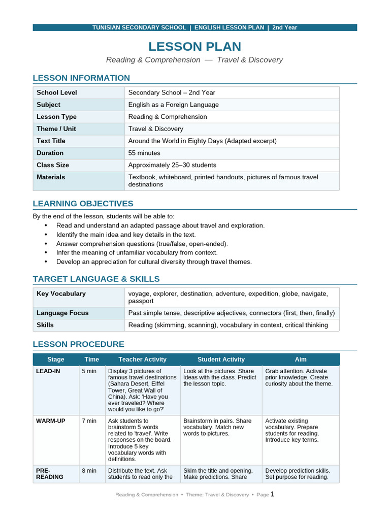Lesson Plan Travel Discovery | PDF | Reading Comprehension | Vocabulary