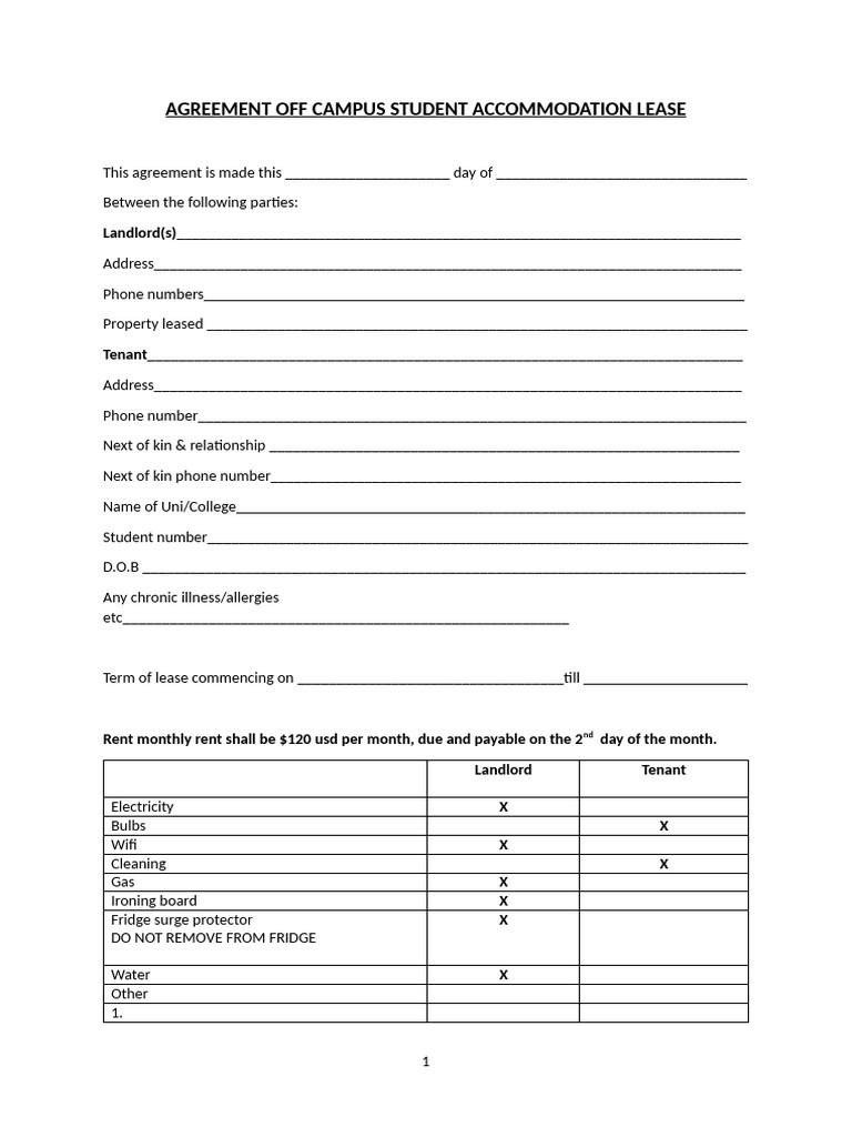Off Campus Student Accommodation Lease Agreement 2 | PDF | Landlord | Lease