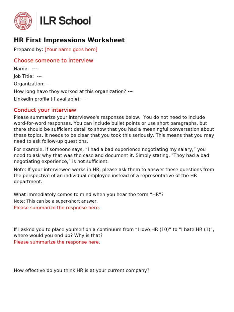 HR First Impressions Worksheet | PDF