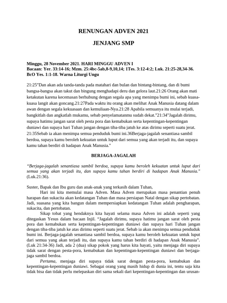 Renungan Adven 2021 SMP | PDF
