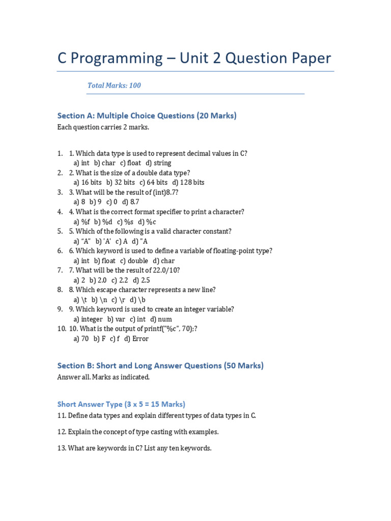 Unit2 C Programming QuestionPaper | PDF