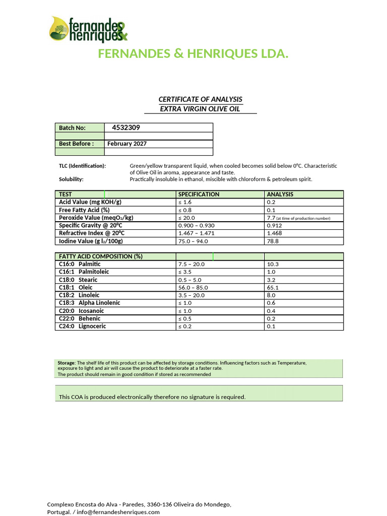 Certificate of Analysis Virgin Olive Oil | PDF | Toxicity | Personal ...