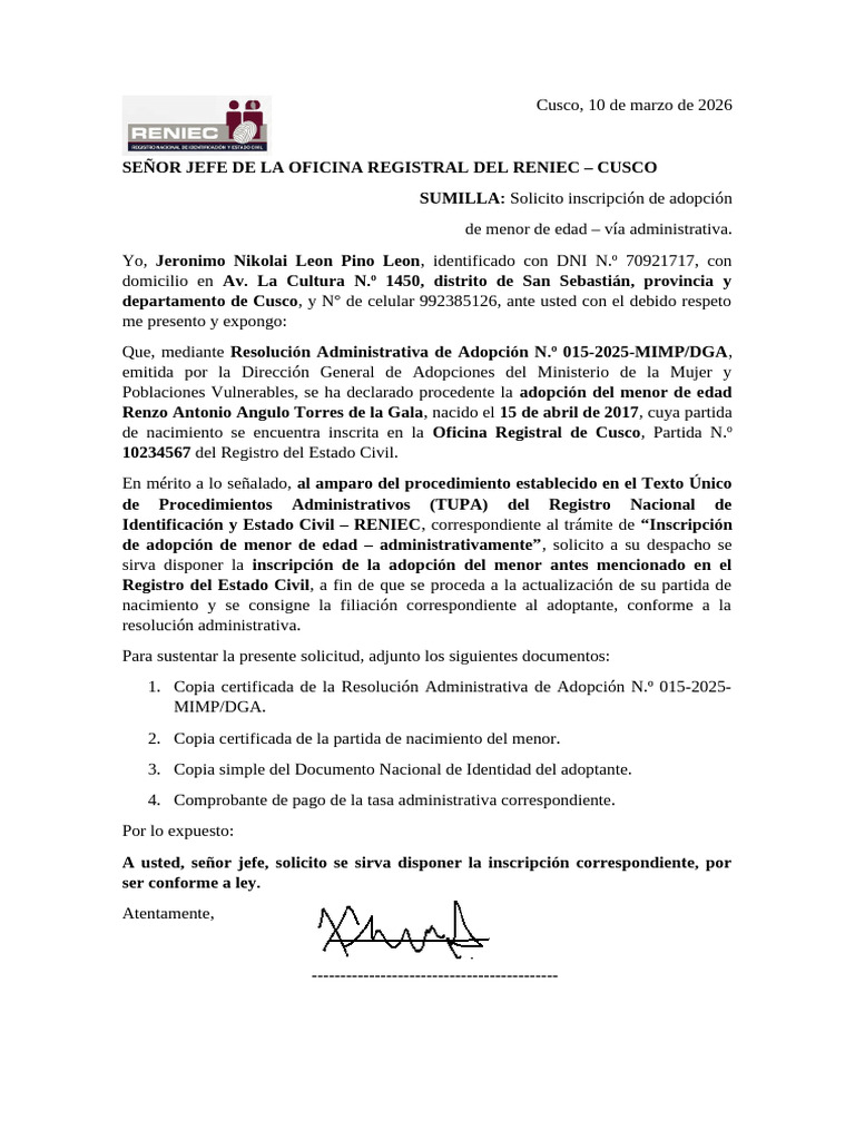 Tramite RENIEC | PDF | Adopción | Documento de identidad