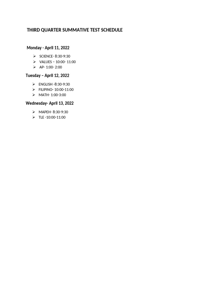 Third Quarter Summative Test Schedule | PDF