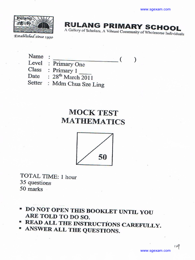 2011 P1 Maths CA1 Rulang | PDF