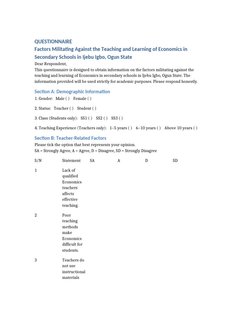 Economics Questionnaire | PDF | Teachers | Learning