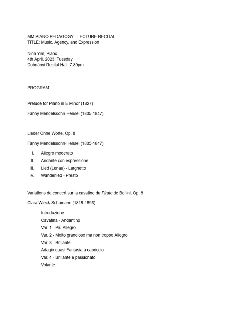 MM Piano Pedagogy - Lecture Recital Program | PDF