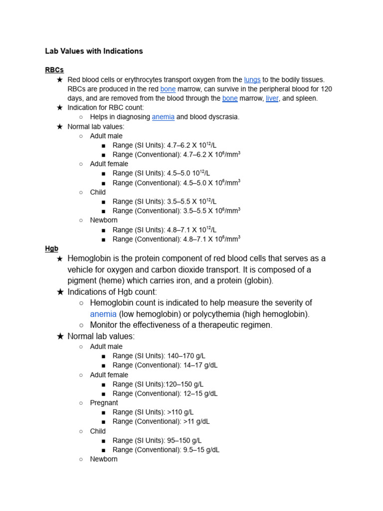 Lab Values With Indications | PDF | White Blood Cell | Coagulation