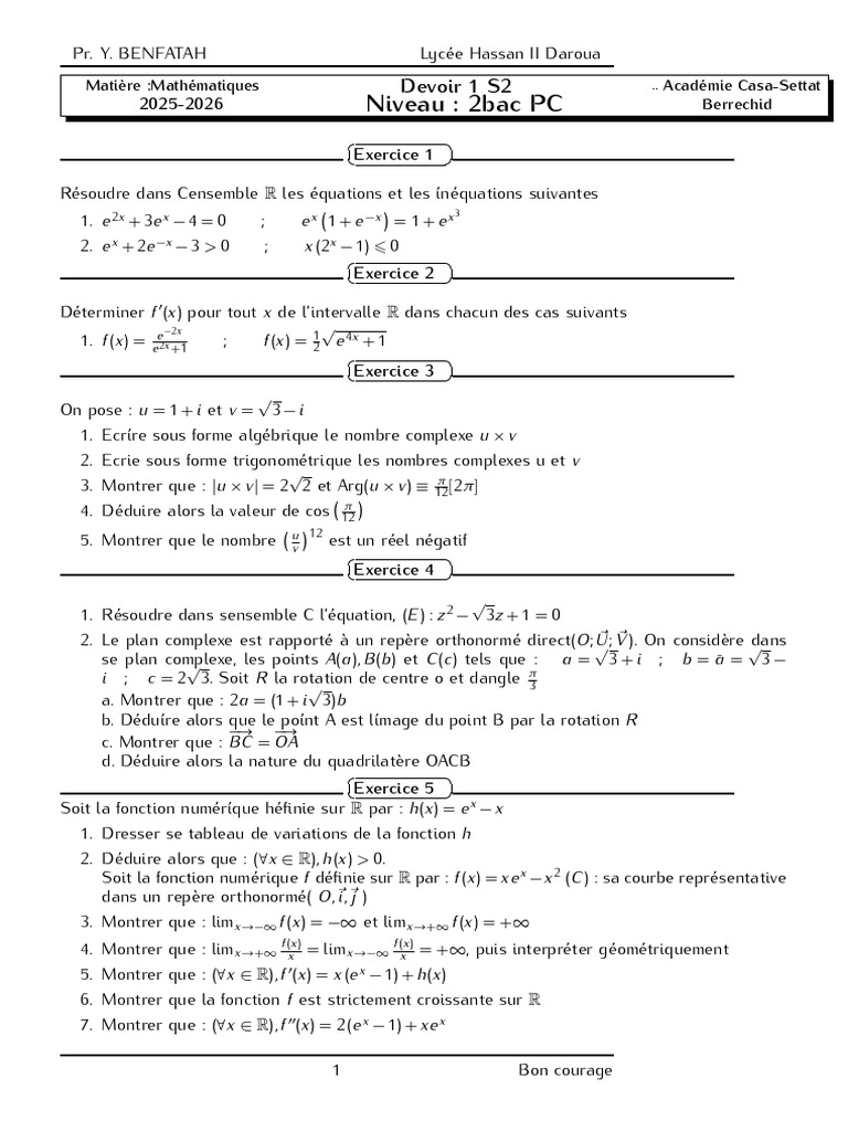 Devoir Maison 1 2bac PC s2 | PDF | Nombre complexe | Tangente (géométrie)