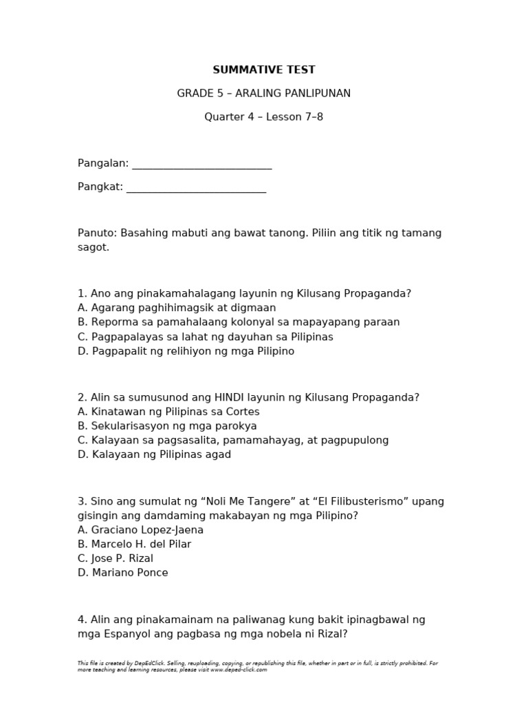 Grade5 AP Summative Test Q4 Week7-8 | PDF