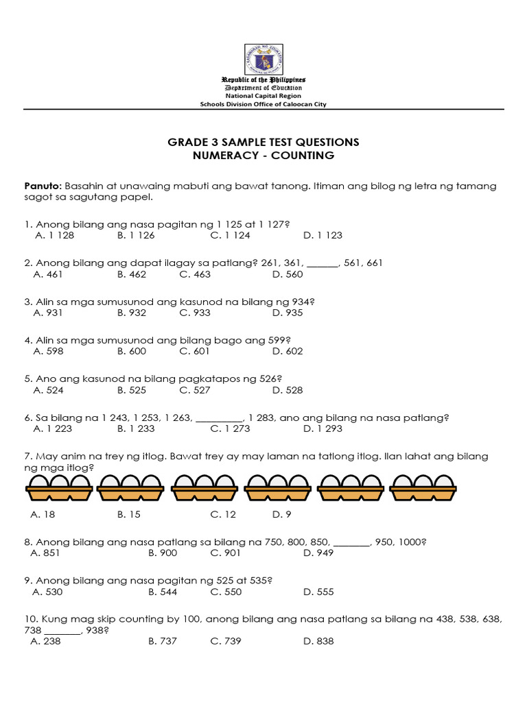 Numeracy Counting Grade 3 Sample Exam | PDF