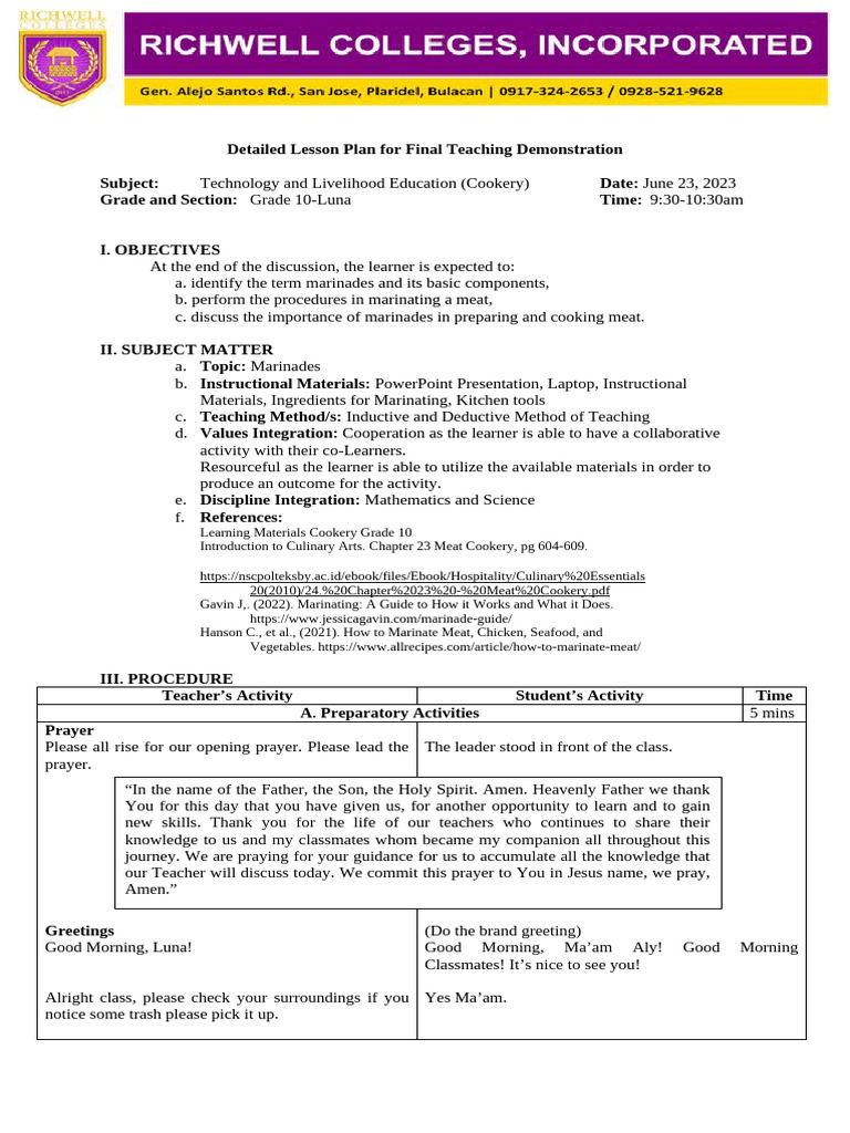 Detailed Lesson Plan For Final Teaching Demonstration 1 | PDF ...