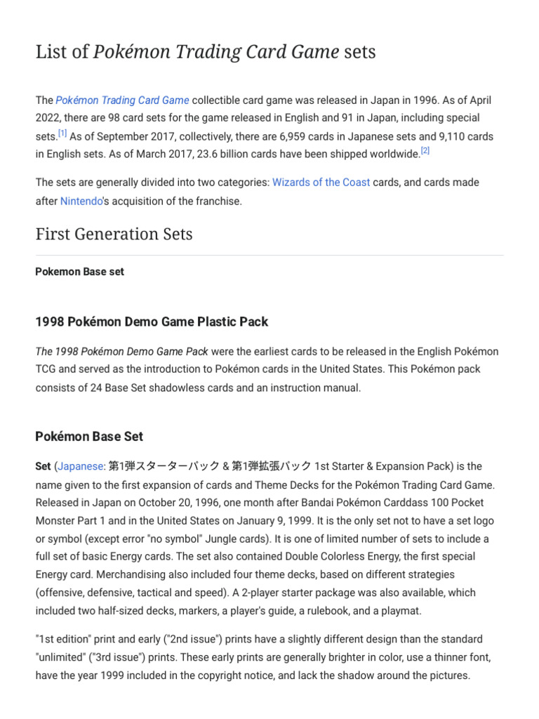 List of Pokémon Trading Card Game Sets - Wikipedia | PDF | Nintendo ...