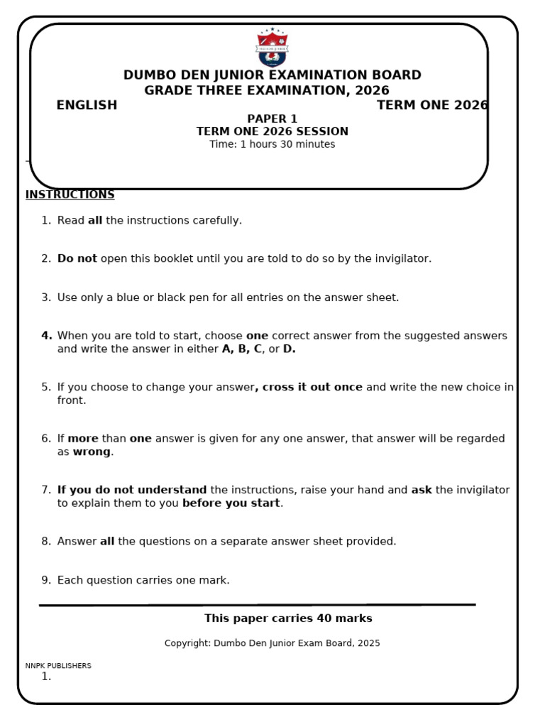 DD Grade 3 Eng p1 Term One 2026 | PDF
