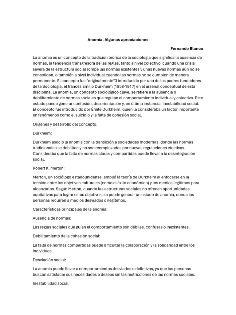 Anomia. Apreciaciones | PDF | Emile Durkheim | Sociología