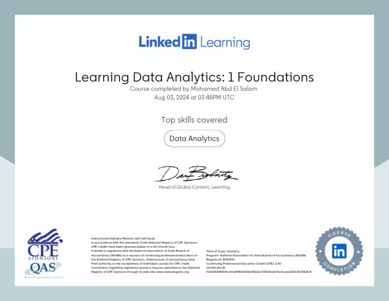 CertificateOfCompletion - Learning Data Analytics 1 Foundations | PDF