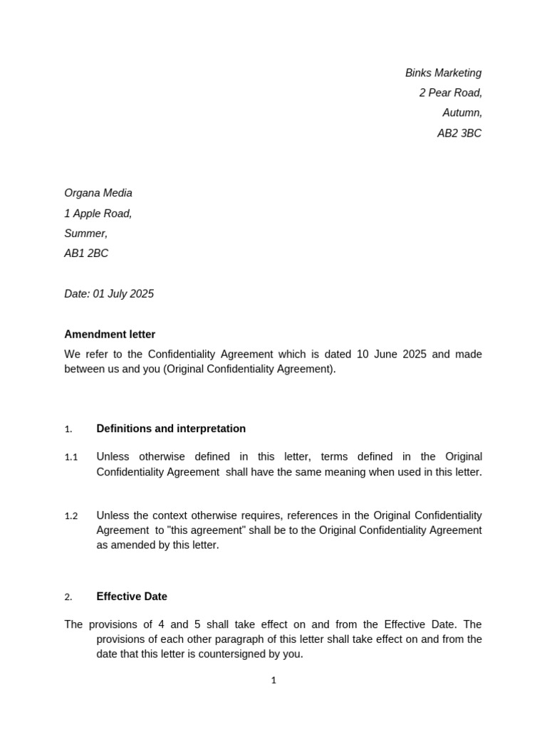 Organa Media Amendment Letter Amendment 1 | PDF | Legal Documents ...
