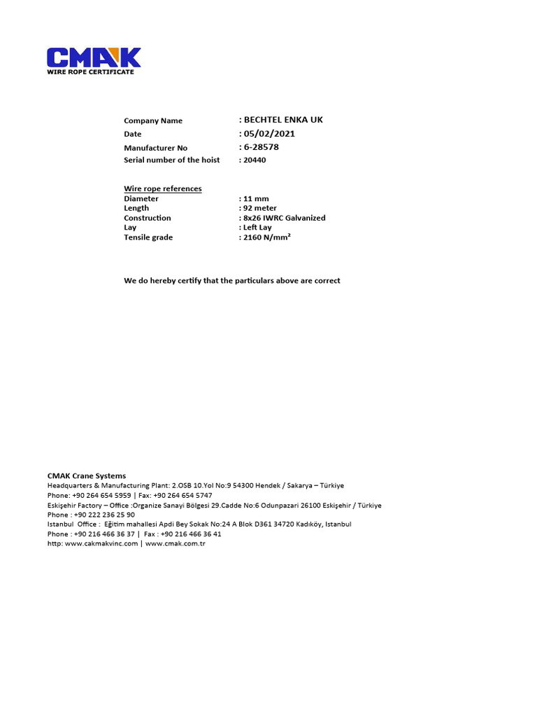 Wire Rope Certificate | PDF