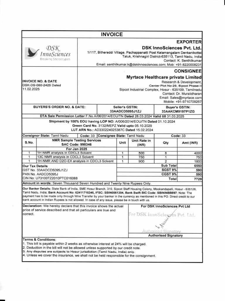 Invoice - DSK-DS-080-2425-NMR (Jan, 11 Sample, Myrtrace) | PDF