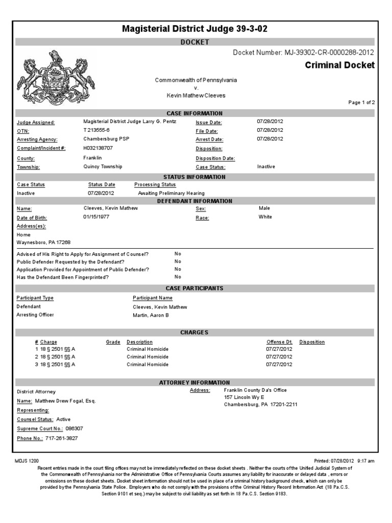 Docket Sheet Criminal Record Magistrate