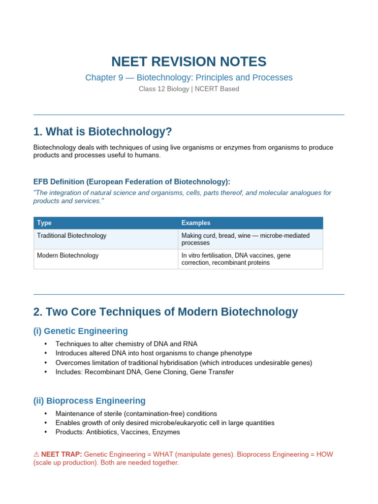 Biotechnology Ch9 Revision Notes NEET | PDF | Restriction Enzyme | Biology