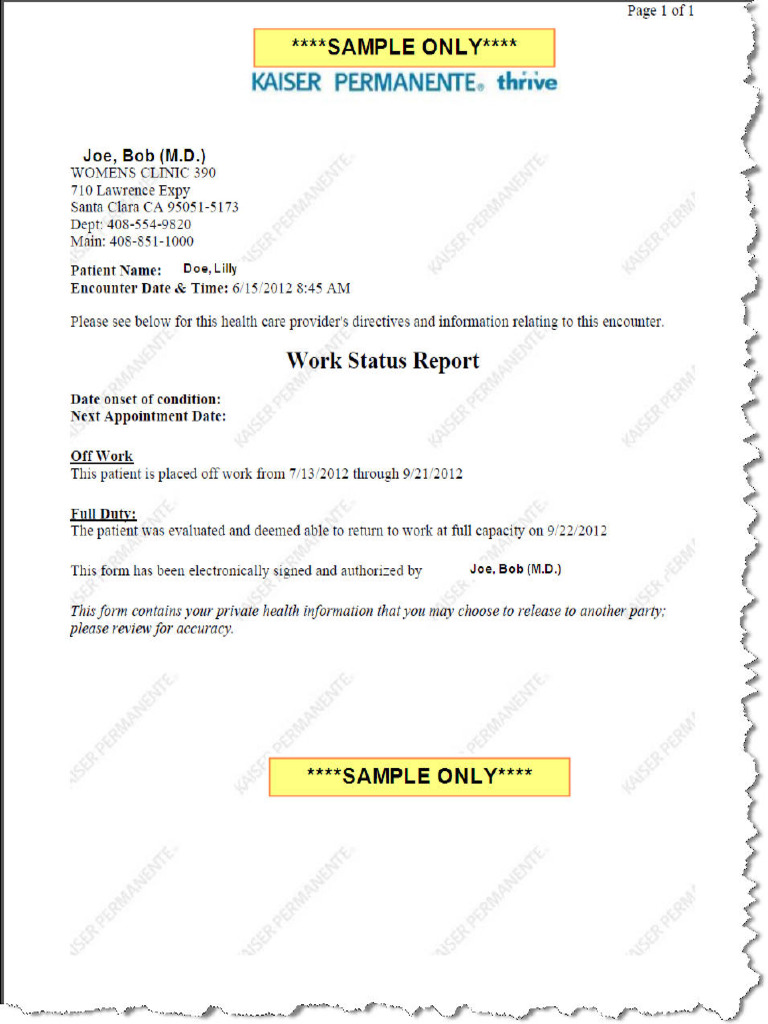 Kaiser Doctors Note | PDF
