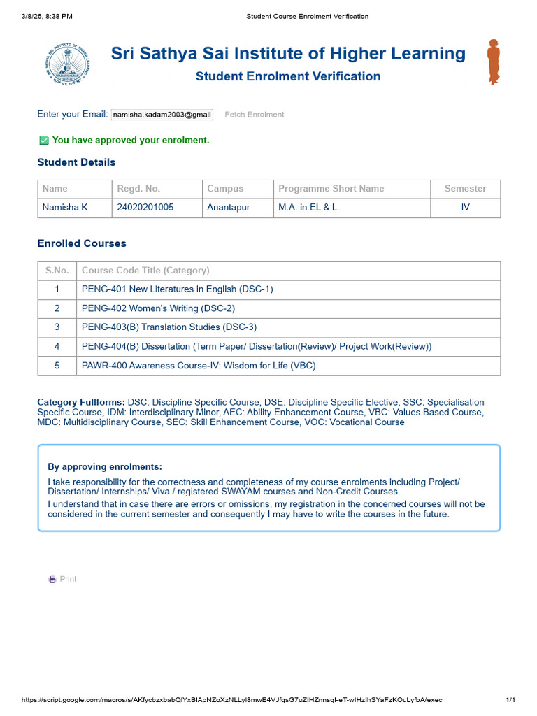 Student Course Enrolment Verification | PDF