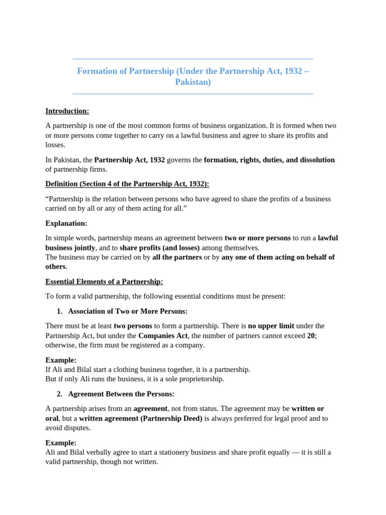 Formation of Partnership | PDF | Partnership | Law Of Agency