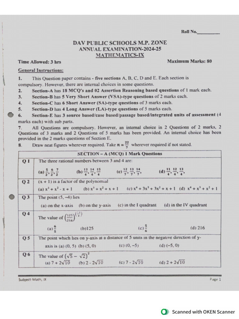 Dav Ix Math Annual Exam QP 2024-25 | PDF