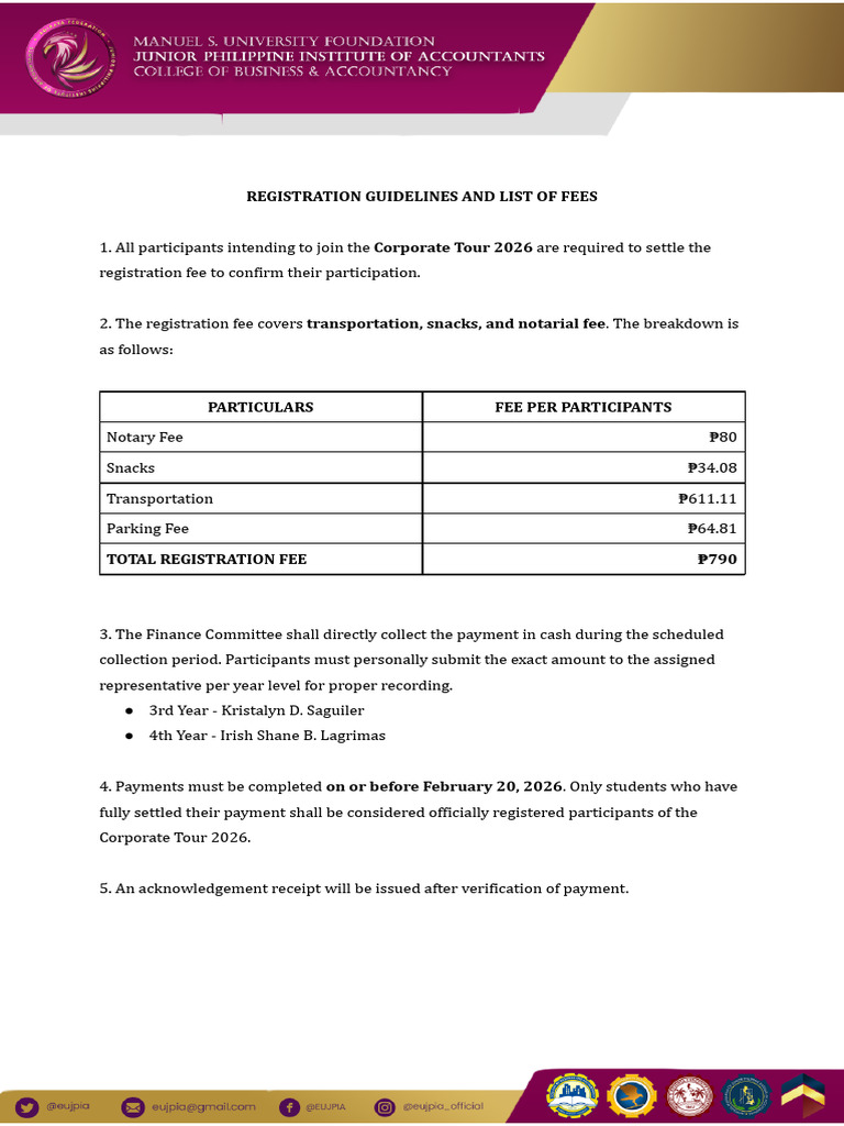 Registration Guidelines and List of Fees Corporate Tour | PDF